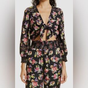 Alice + Olivia Marlee Tie-Front Long Sleeve Top Black Magnolia Floral Sz XS NWOT